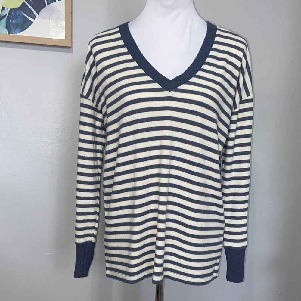 LOFT striped drop shoulder v neck sweater